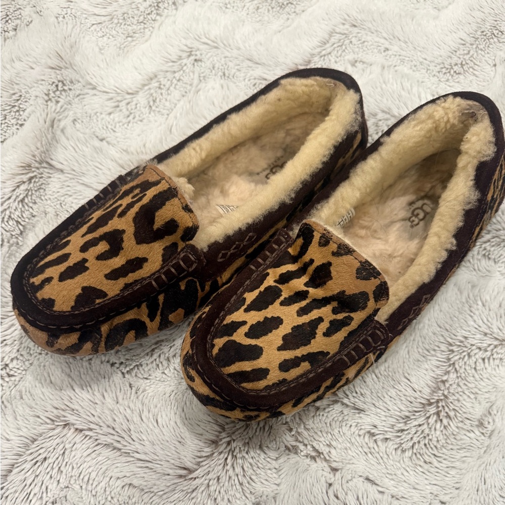 UGG Leopard Print Shearling-Lined Moccasin Slippers in Brown and Black